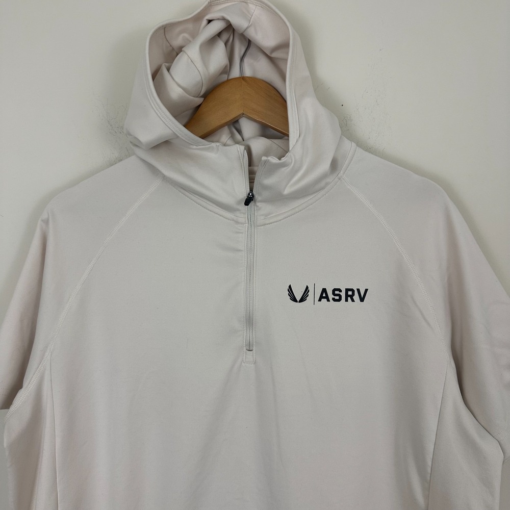 ASRV SilverPlus Hoodie Cream Stretch Short Sleeve 1/4 Zip Athletic Mens L Read